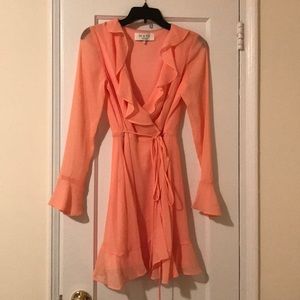 WAYF coral long sleeve wrap dress